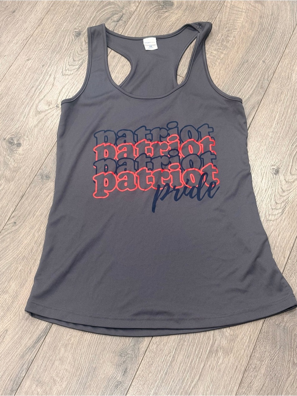 Like New! Sport-Tek Gray Racerback Tank with Red and Navy Patriot Graphic